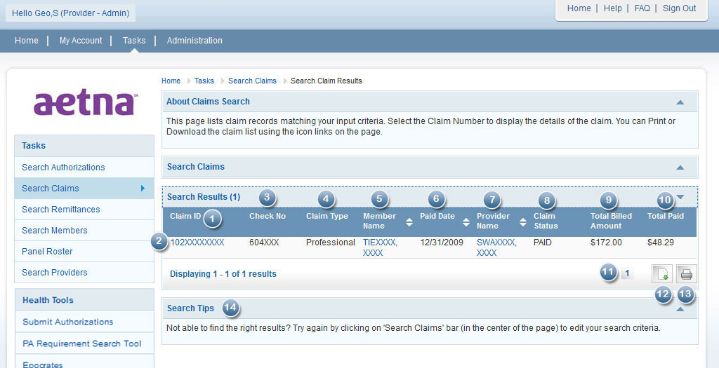 Aetna Search Claims Results Help